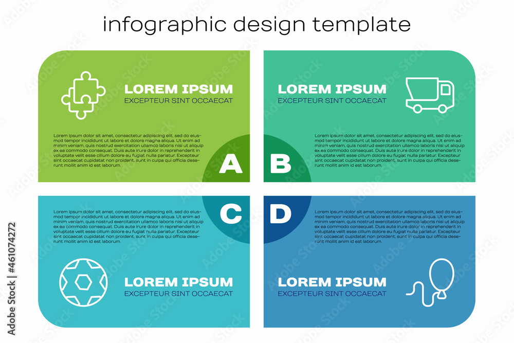 Set line Soccer football ball, Puzzle pieces toy, Balloons and Toy truck. Business infographic templ