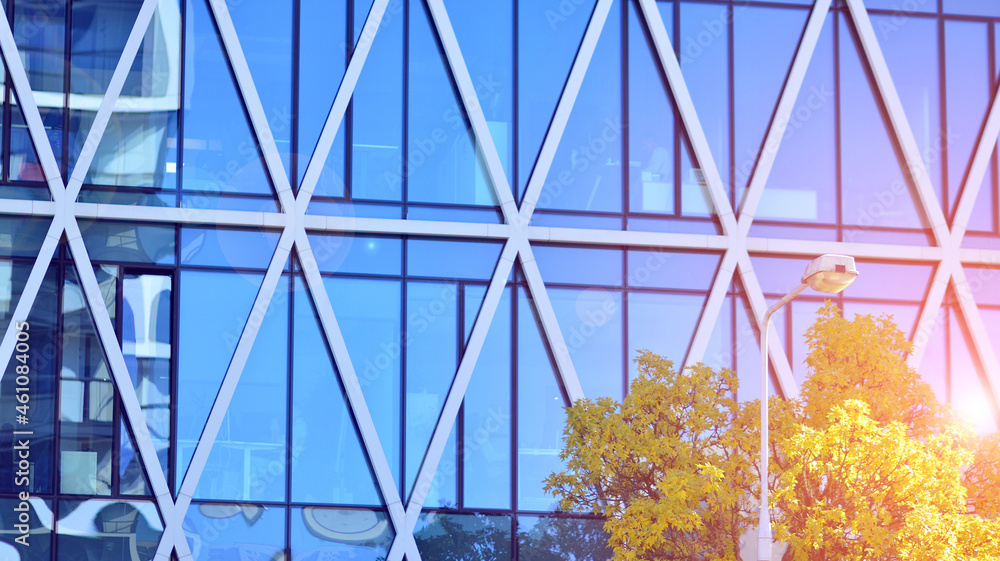 Inspiring view of the modern city. The wall of the building of glass and metal against trees. Corpor