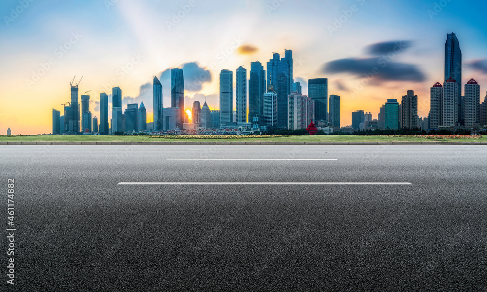 Empty asphalt road and city skyline and building landscape, China.