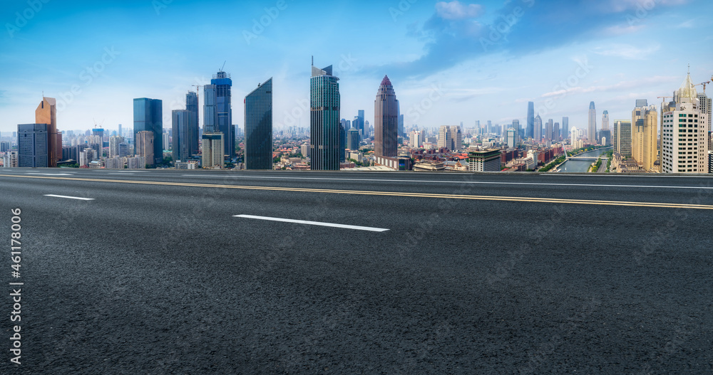 Empty asphalt road and city skyline and building landscape, China.