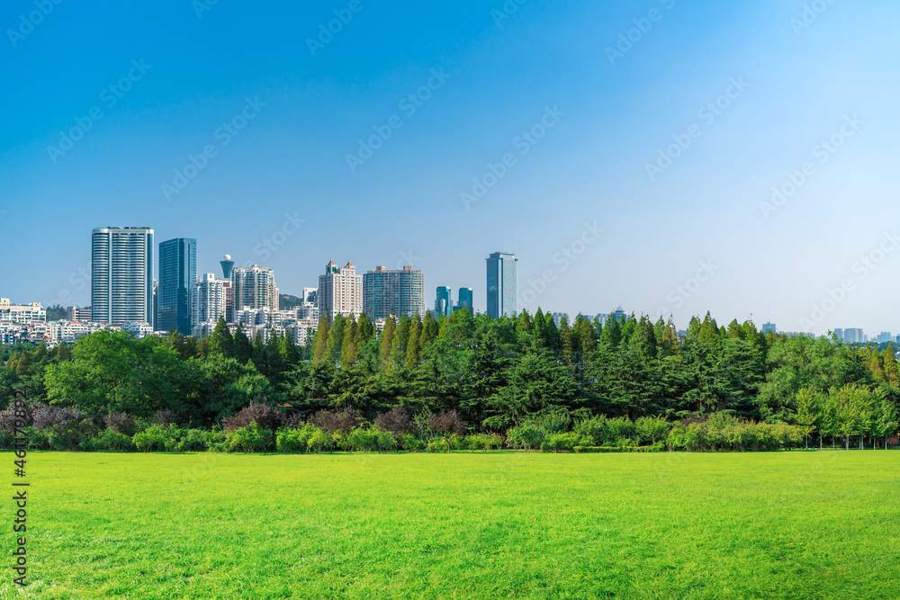 公园草地和城市天际线背景