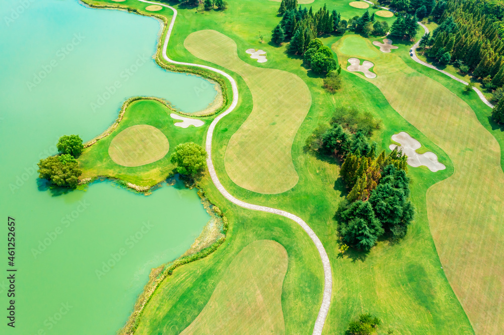 Aerial view of beautiful green golf course.