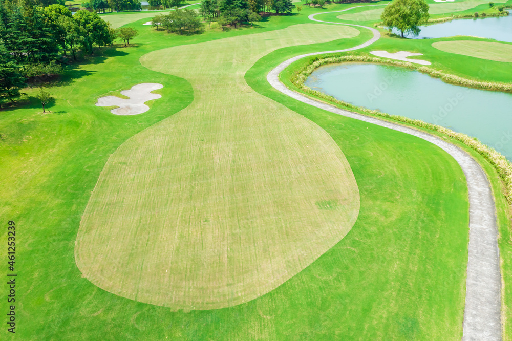 Aerial view of beautiful green golf course.