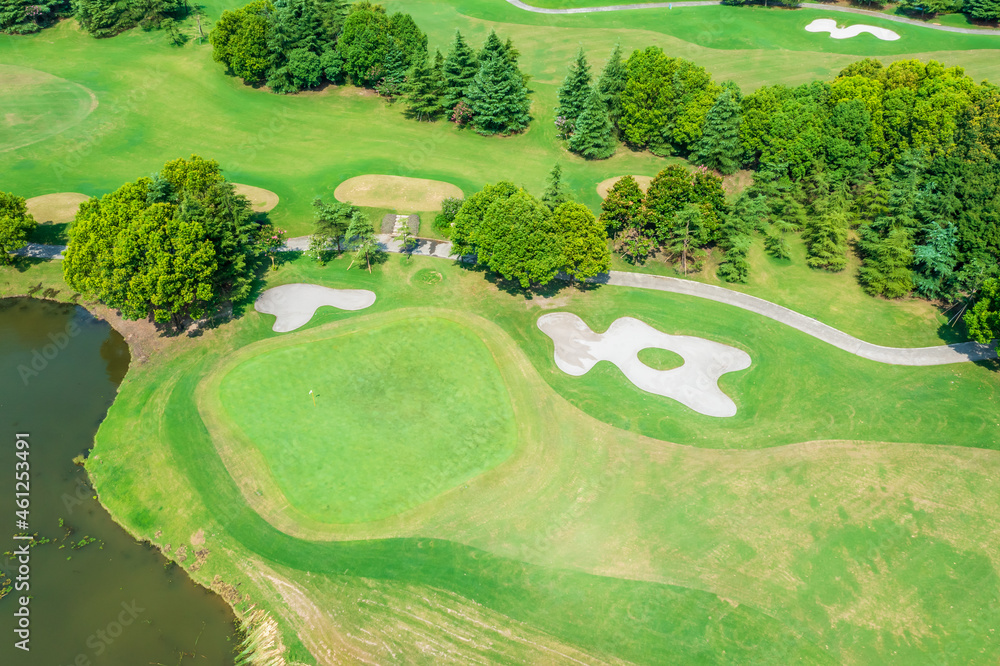 Aerial view of green lawn and forest on golf course.