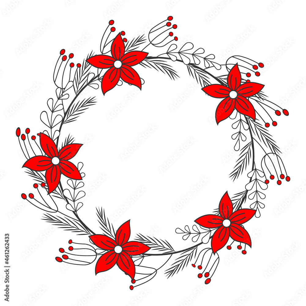 Christmas greeting card. Hand drawn circle wreath with poinsettia and leaves. Vector illustration. I