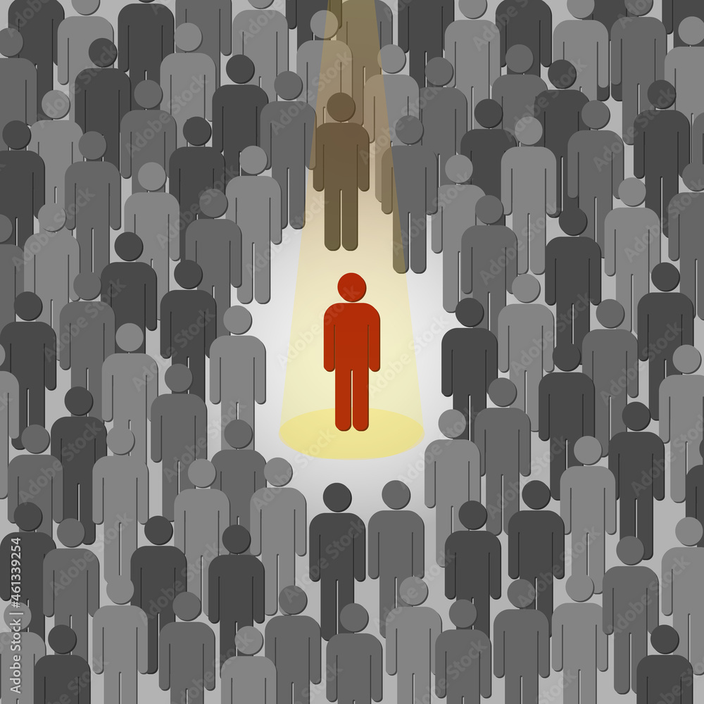 Unique person in the crowd, Red color figures among crowd. Flat design Illustrations