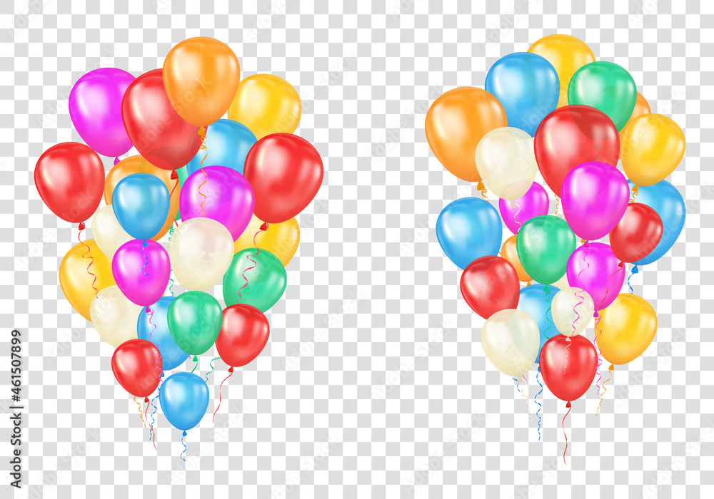 Two groups of Colorful Glossy Balloons on Transparent Background. Party and Celebration Concept Vect