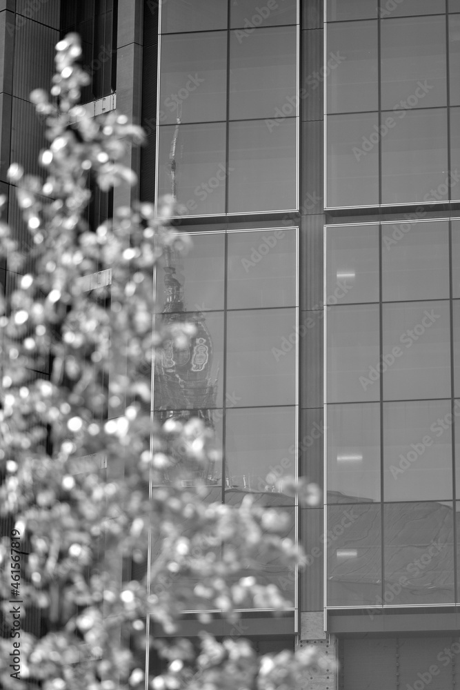 Corporate architecture building. New modern office building. Textured blue pane of contemporary glas