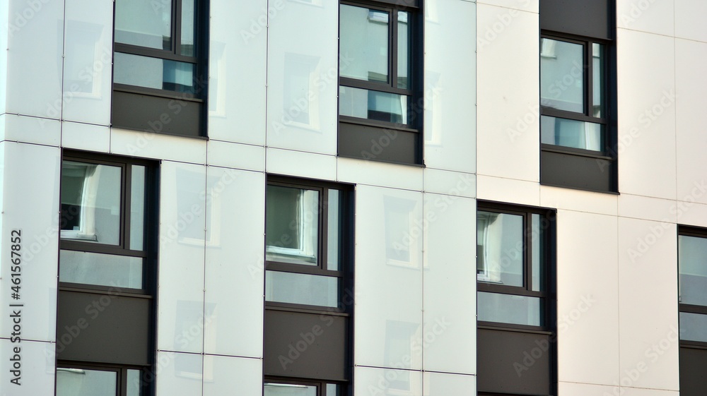  Corporate architecture building. New white modern office building. Sunlight.