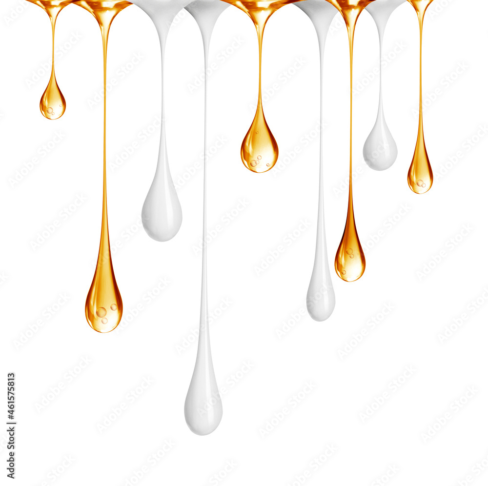 Drops of oily liquid and milk are dripping on a white background