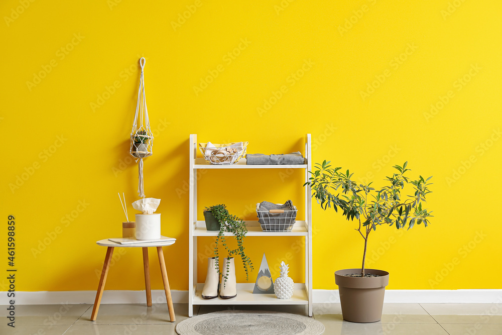 Interior of modern hallway with shelving unit and clothes