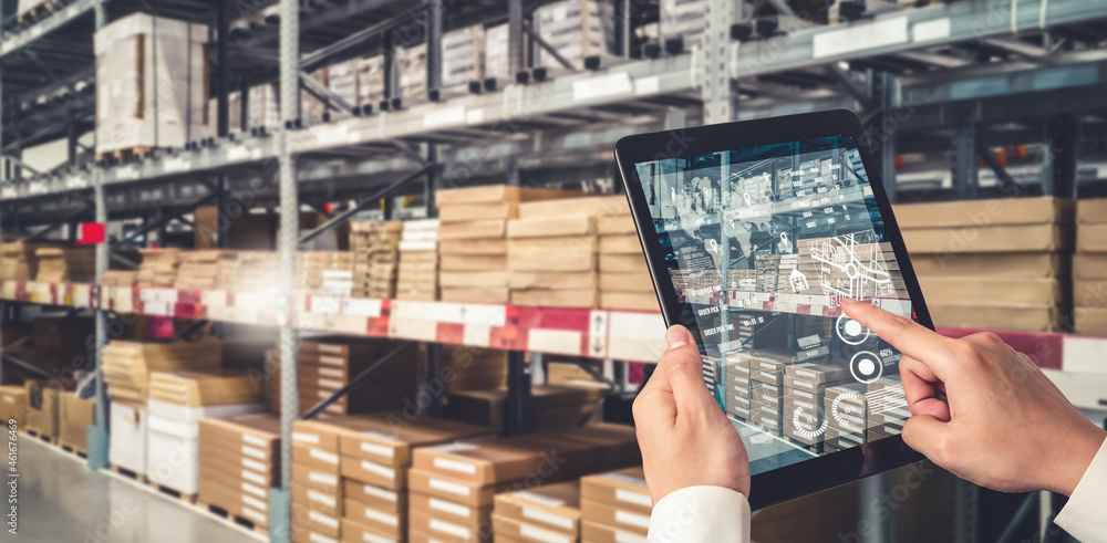 Warehouse management innovative software in computer for real time monitoring of goods package deliv