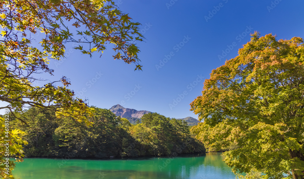 薄っすらと赤くなり始めた木と磐梯山と五色沼