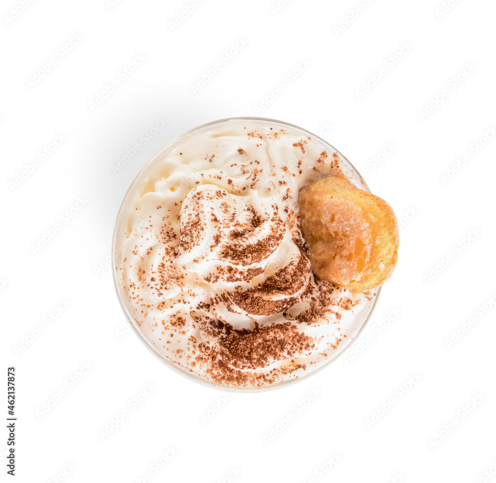 Glass of tasty Tiramisu Latte on white background