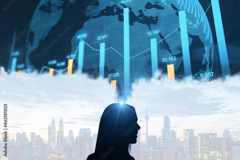 Abstract businessman silhouette thinking about forex chart on on city sky background. Trade and pric