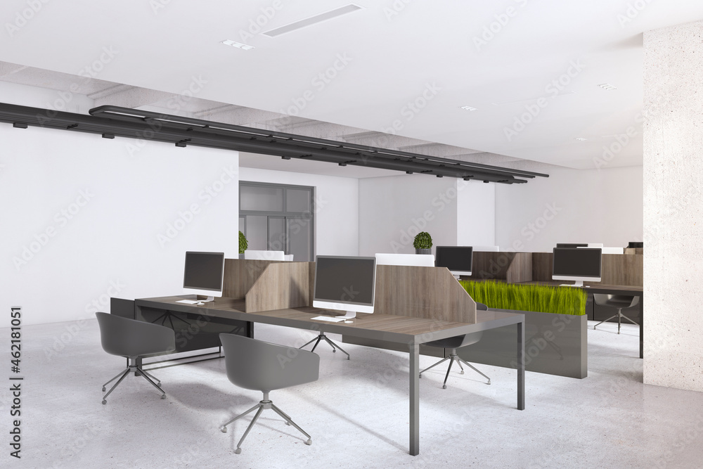 Modern coworking office interior with furniture, devices and equipment. 3D Rendering.