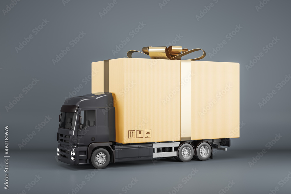 Truck delivering present on black background. Shipping service and celebration concept. 3D Rendering