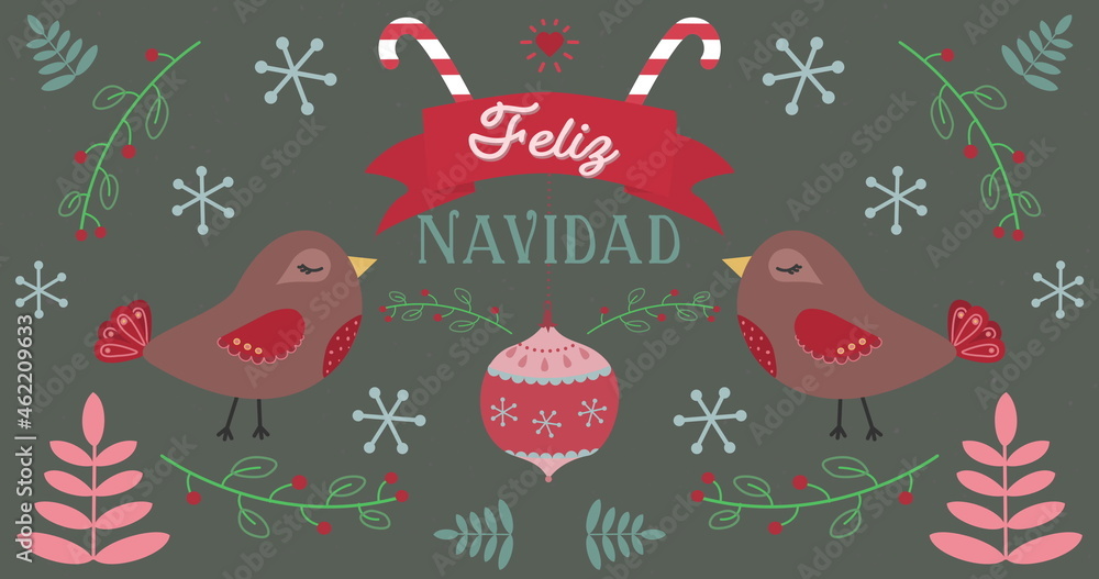 Feliz Navidad在圣诞装饰背景上用鸟说话的图片