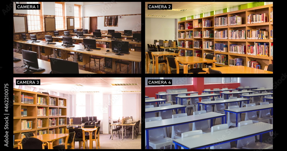 Composite of views from four security cameras in different areas at a school