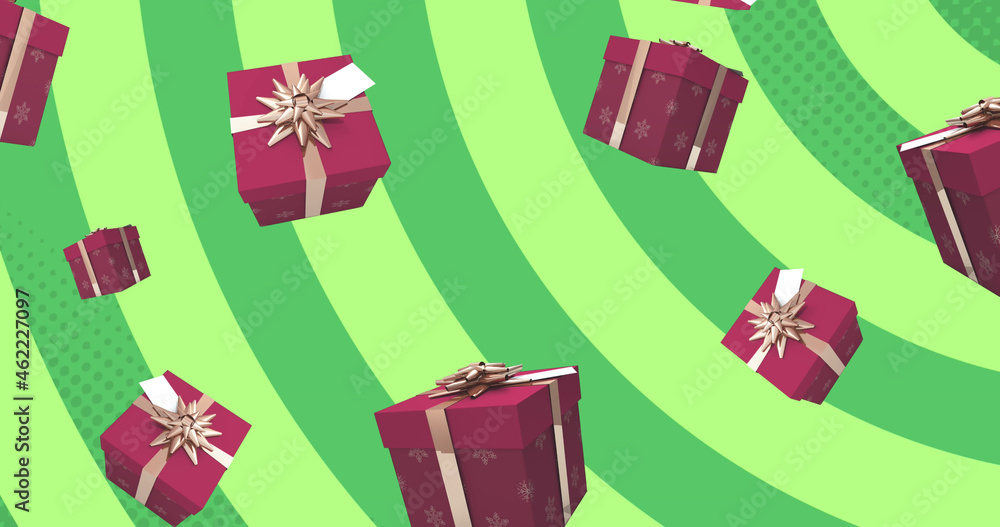 Image of presents falling at christmas on green background