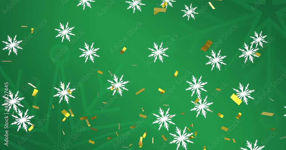 Image of falling snowflakes and confetti on green background