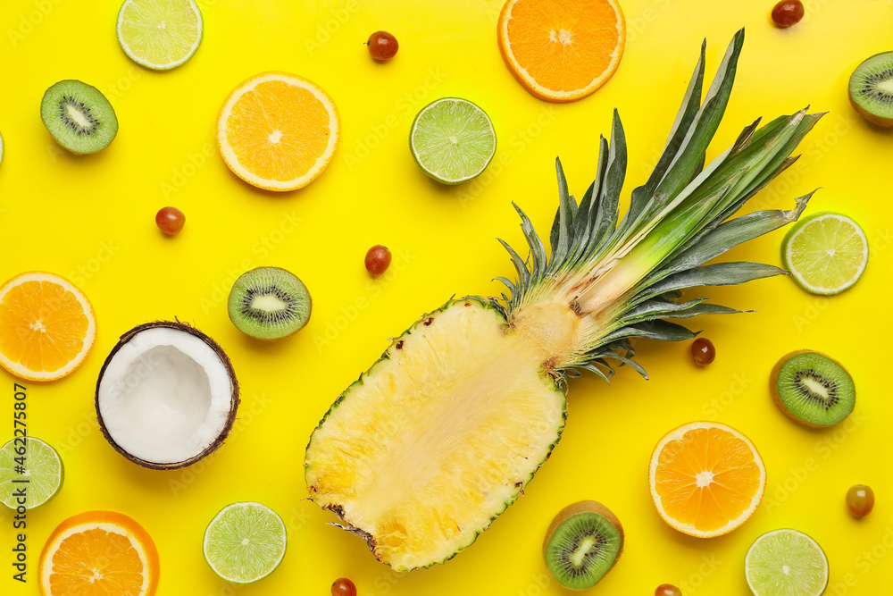 Composition with different fruits on color background