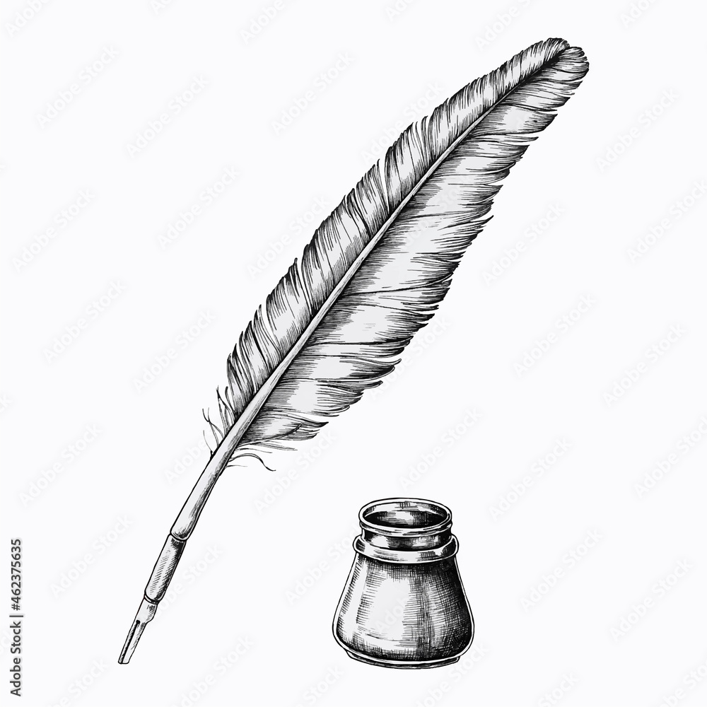 Hand drawn quill pen with an inkwell vector