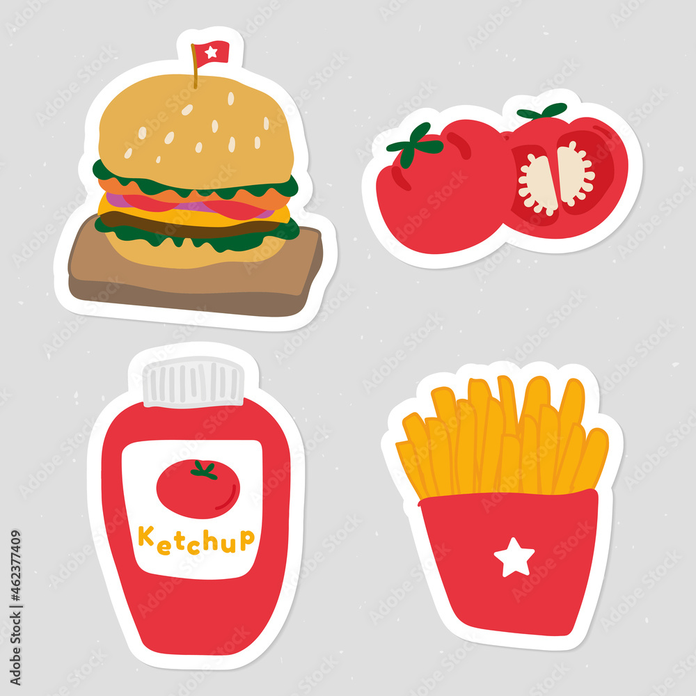 Cute food doodle sticker with a white border set vector