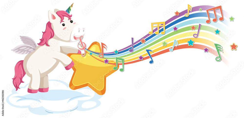 Cute unicorn holding star with melody symbols on rainbow