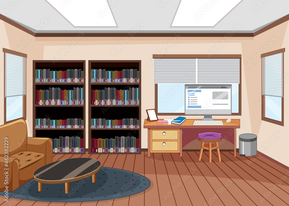 Empty library interior design with bookshelves