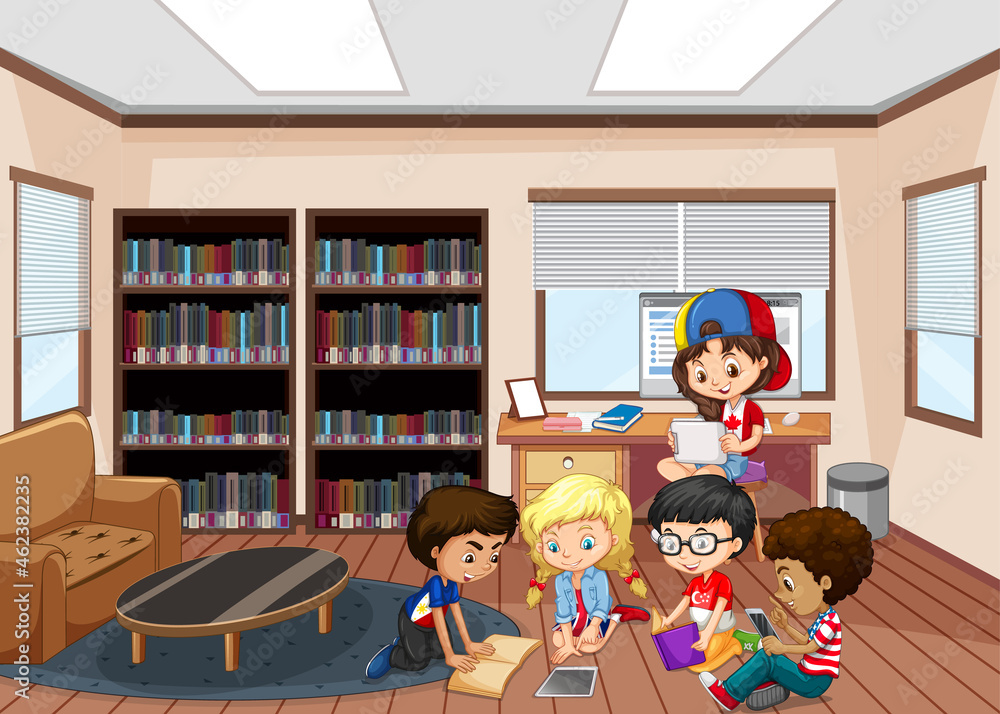 Children reading books in library