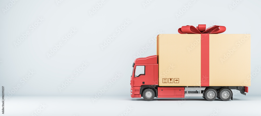 Truck delivering present on white background with mock up place for your advertisement. Shipping ser