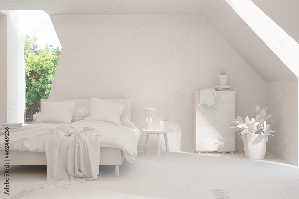 Modern bedroom in white color. Scandinavian interior design. 3D illustration