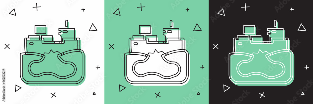 设置白色、绿色、黑色背景上的沉船图标。漏油事故。