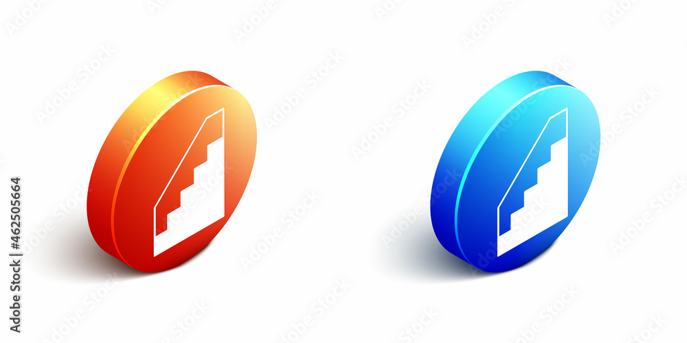 Isometric Stairs up icon isolated on white background. Orange and blue circle button. Vector