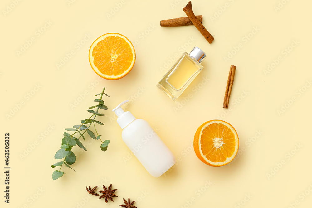 Bottle of cosmetic product and perfume on color background