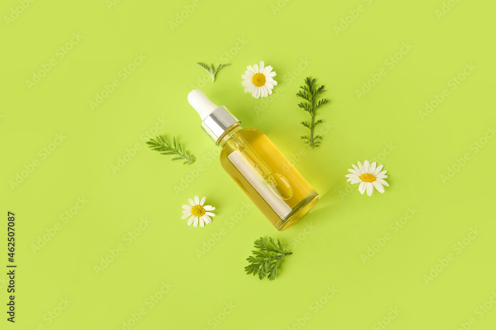 Bottle of chamomile essential oil on color background