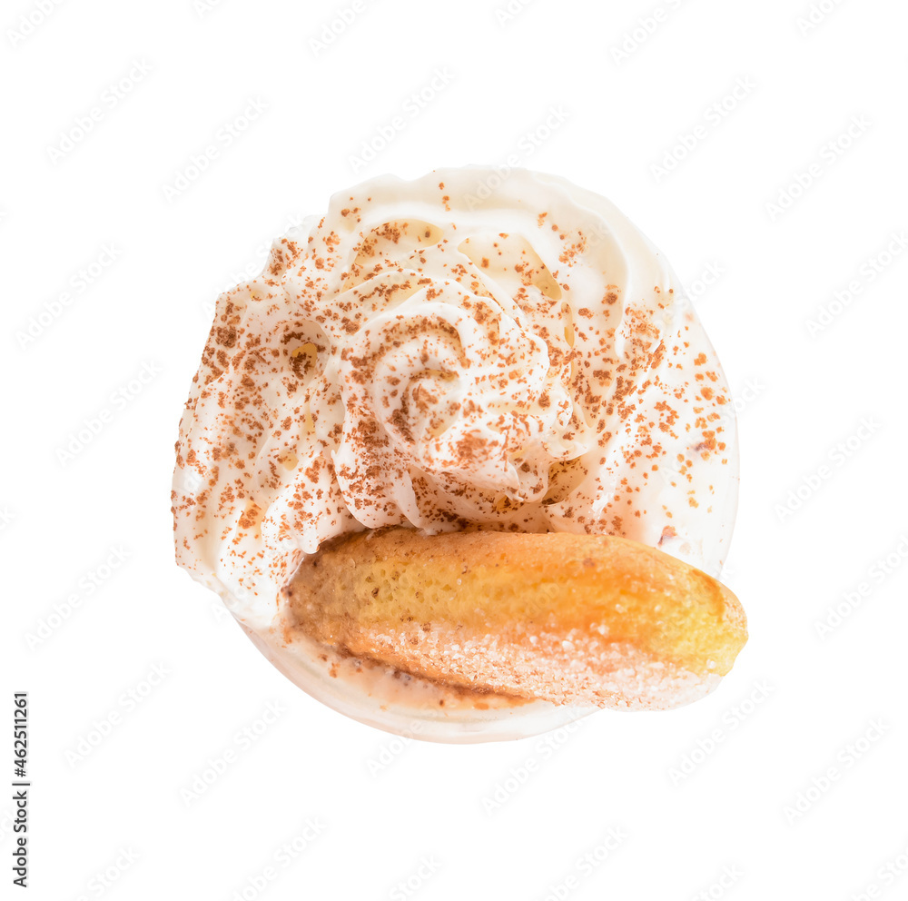 Glass of tasty Tiramisu Latte on white background