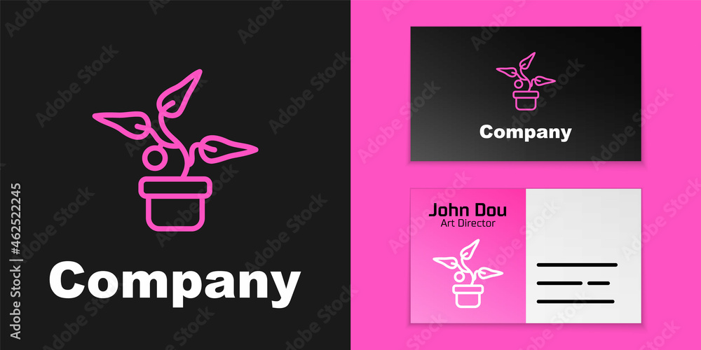 Pink line Plant in pot icon isolated on black background. Plant growing in a pot. Potted plant sign.