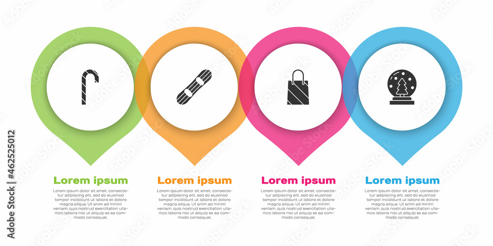 设置圣诞手杖、滑雪板、购物袋和雪球。商业信息图模板。Vec