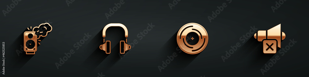 Set Stereo speaker, Headphones, Vinyl disk and Speaker mute icon with long shadow. Vector