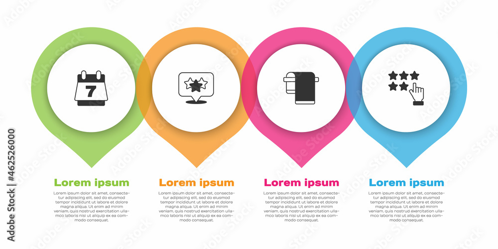 设置酒店预订日历、星级、挂毛巾和。商业信息图模板。Vecto
