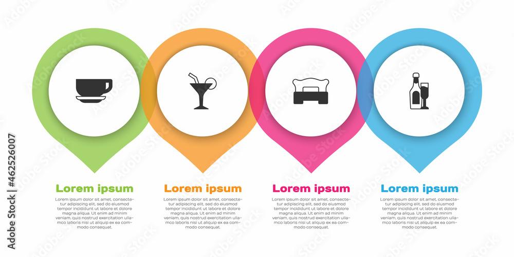 将咖啡杯、鸡尾酒、卧室和香槟瓶与玻璃一起放置。商业信息图模板。Ve