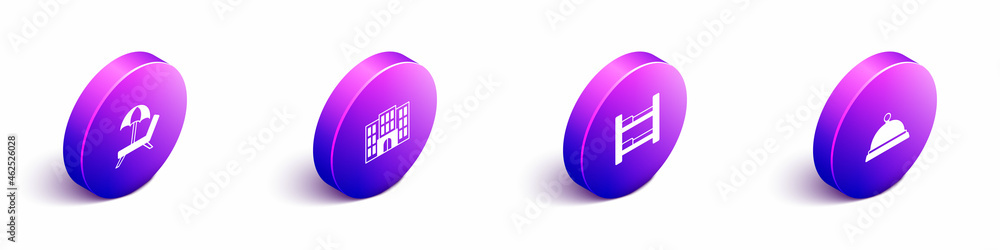 Set Isometric Sunbed with umbrella, Hotel building, room and Covered tray of food icon. Vector