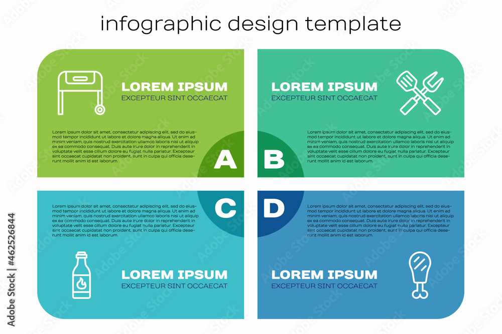 Set line Tabasco sauce, Barbecue grill, Chicken leg and Crossed fork and spatula. Business infograph