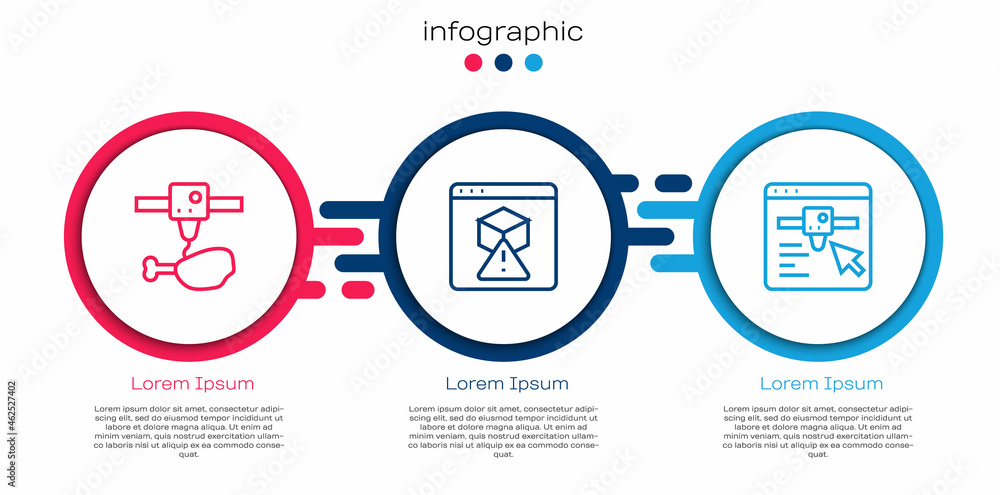 Set line 3D printer chicken leg, and setting. Business infographic template. Vector