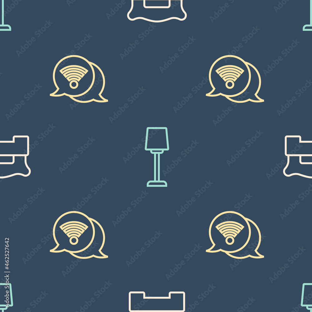 Set line Bedroom, Wi-Fi wireless internet and Table lamp on seamless pattern. Vector