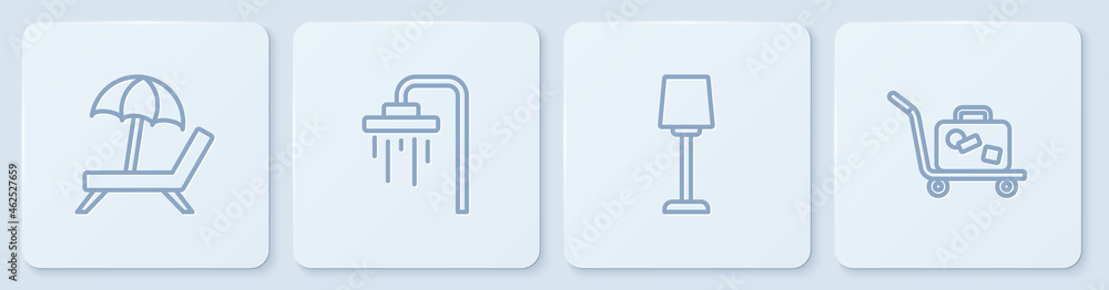 带雨伞、台灯、淋浴器和拉杆箱的嵌入式日光浴床。白色方形按钮。矢量