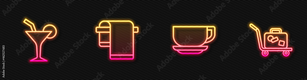 Set line Coffee cup, Cocktail, Towel on hanger and Trolley suitcase. Glowing neon icon. Vector