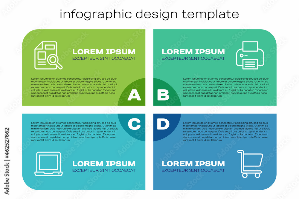 Set line Laptop, Document with graph chart, Shopping cart and Printer. Business infographic template